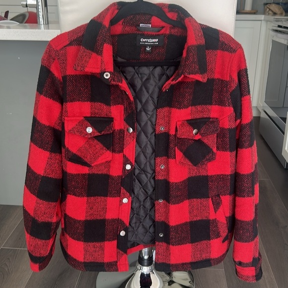 CoffeeShop Red Flannel Plaid Quilted Cropped Wool Blend Jacket Size L - Picture 5 of 17